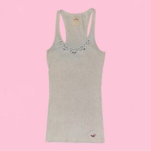 Y2K Hollister Oatmeal Grey Embellished Racerback Tank Top Rhinestones & Sequins